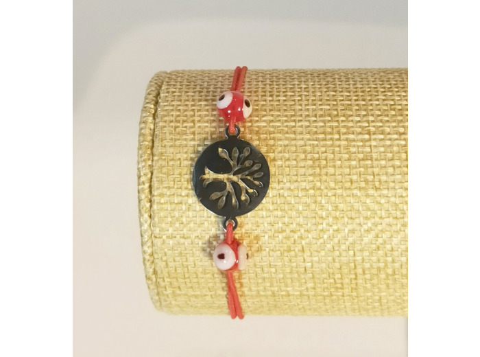 Bracelet élastique argenté arbre de vie/rouge/œil porte bonheur