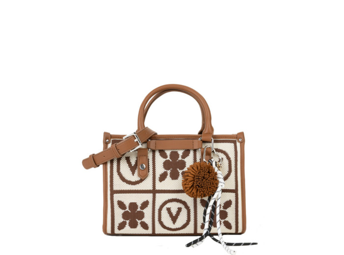 Valentino Tyle Sac Porté Main Avec Pompon Amovible Cuoio / Multicolor