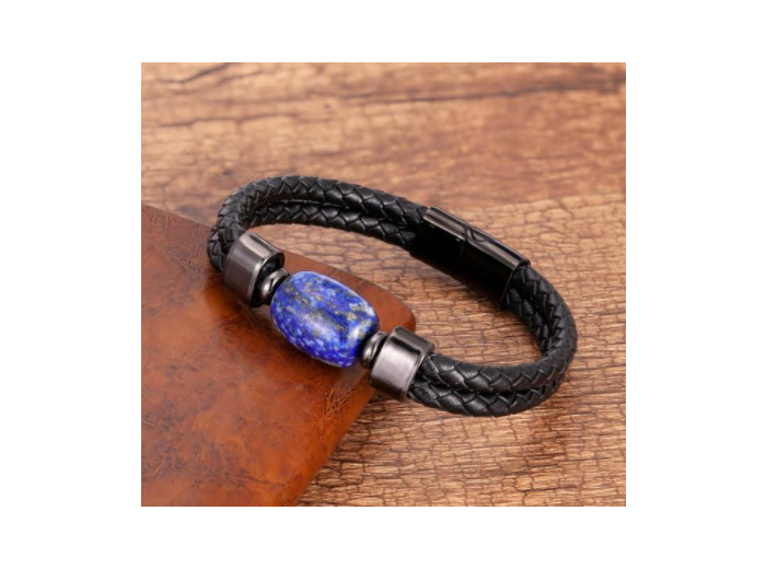 Bracelets en cuir véritable pour hommes grosse perle Lapis lazuli