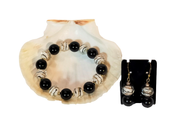 Parure 2 pcs noir/blanc/doré