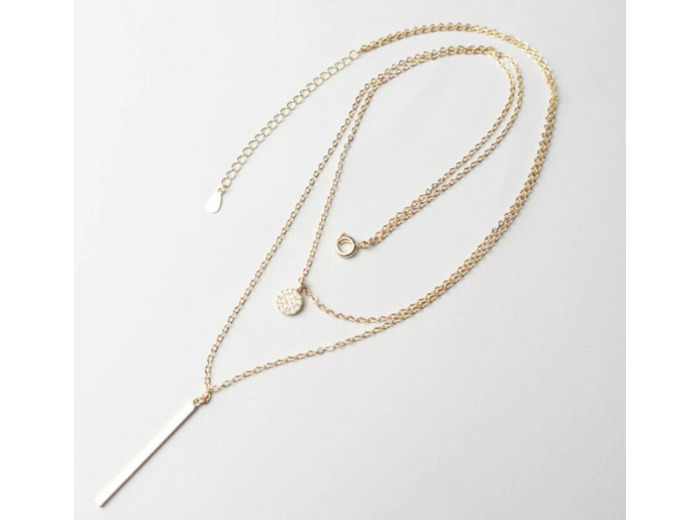 Double chaîne en acier inox, long pendentif rond brillant en Zircon, doré