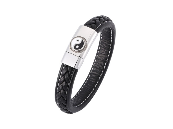 Bracelet en cuir véritable Ying Yang pour hommes