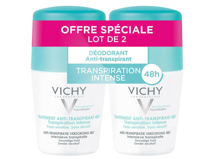 Anti-Transpirant Efficace 48h Transpiration Intense 2x50ml Déodorant Roll-on Peaux Sensibles Vichy
