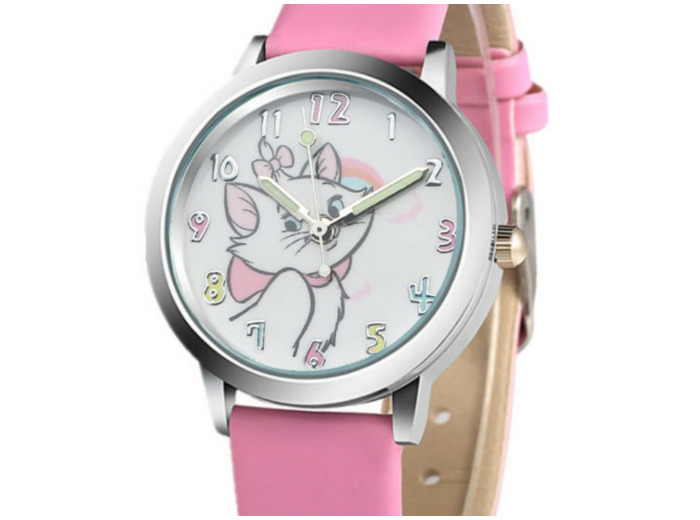 Montre à Quartz enfant en cuir rose motif chat