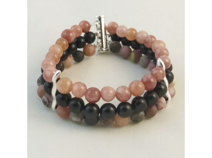 Bracelet triple Rhodonite/Obsidienne/Pierre de lune