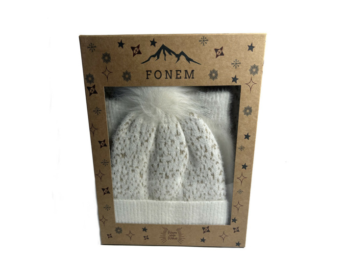 Fonem Lot Gants, Echarpe & Bonnet A Paillettes Ecru
