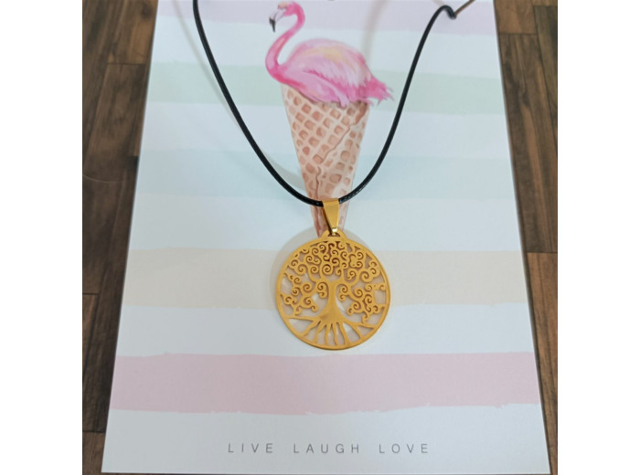 Collier arbre de vie doré sur cordon noir