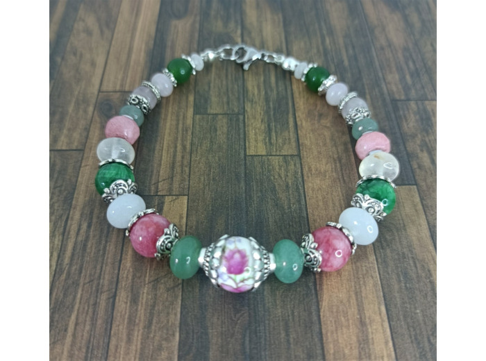 Bracelet en perles naturelles et 1 perles céramique, argenté