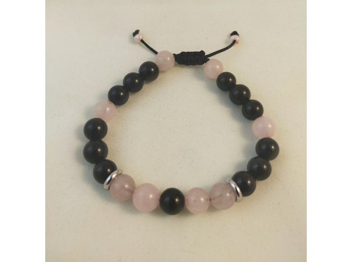 Bracelet ajustable obsidienne / quartz rose