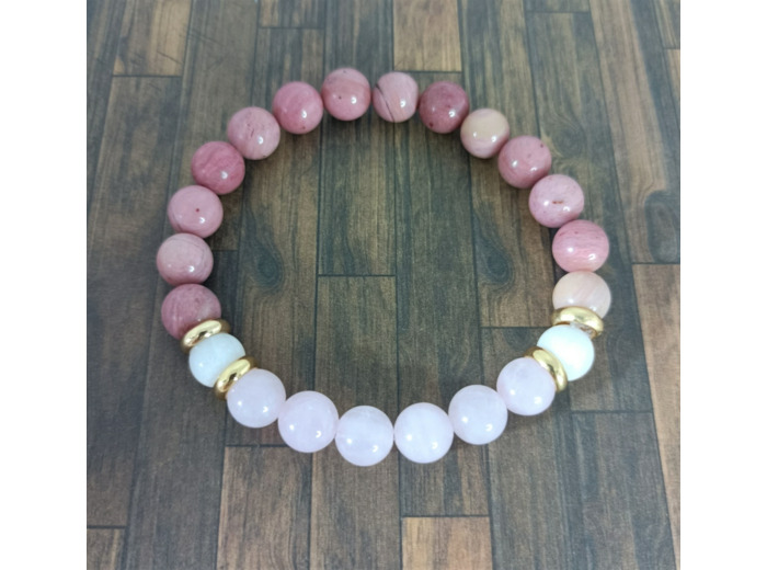 Bracelet rhodonite/quartz rose/pierre de lune doré