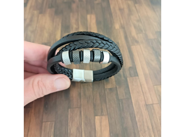 Bracelet homme 4 lanières cuir et acier inoxydable