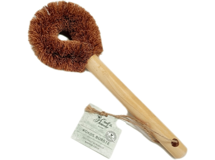 Croll & Denecke 0 brosses de noix de coco - Poils de coco fixés sur des fils de fer galvanisés - Manche en bois de lotus - Cordon en sisal avec pendentif en papier