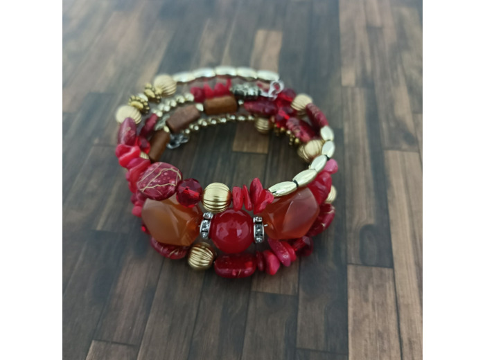 Bracelet multi-rangs fushia/marron/doré