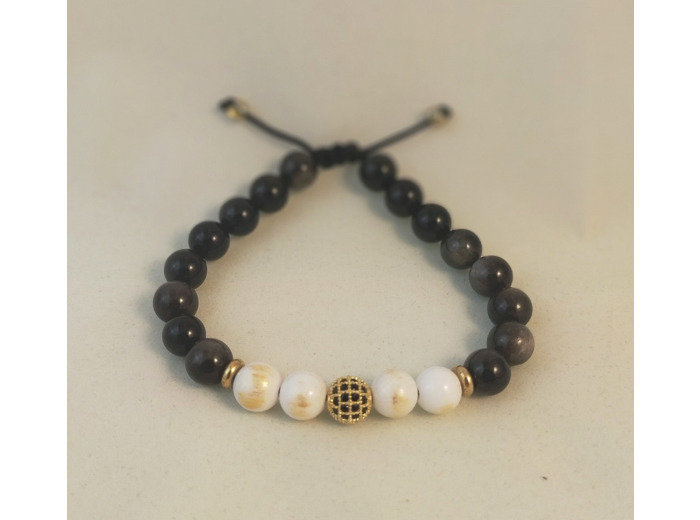 Bracelet ajustable obsidienne / jade blanc / perle doré-noir