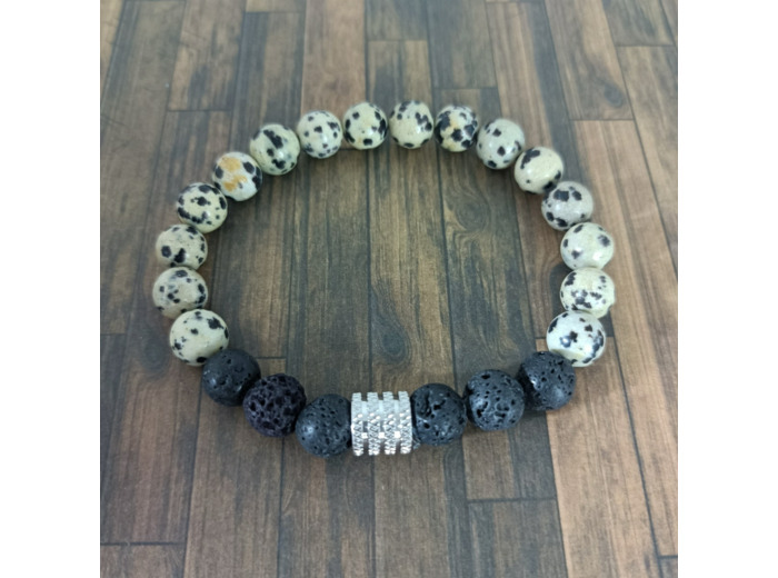 Bracelet homme Jaspe dalmatien/pierre de lave argenté
