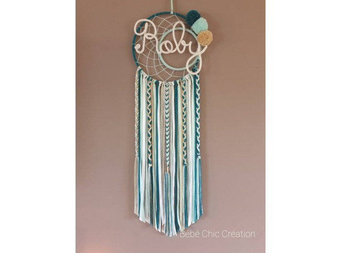 Attrape rêves prénom personnalisable, Bleu canard, vert d'eau et lin