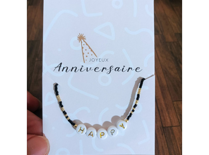 Bracelet carte "Joyeux anniversaire" HAPPY noir-doré