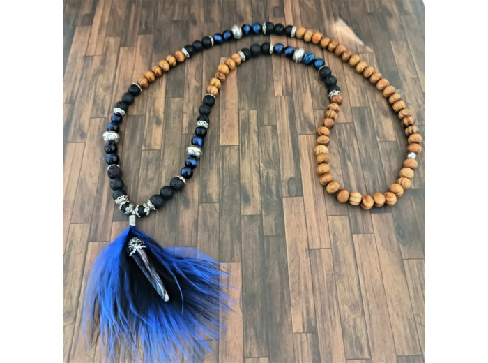 Collier long bois, pierres de lave, œil de faucon, ormeau