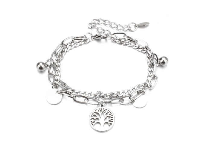 Bracelet double chaîne arbre de vie et breloques en acier inox