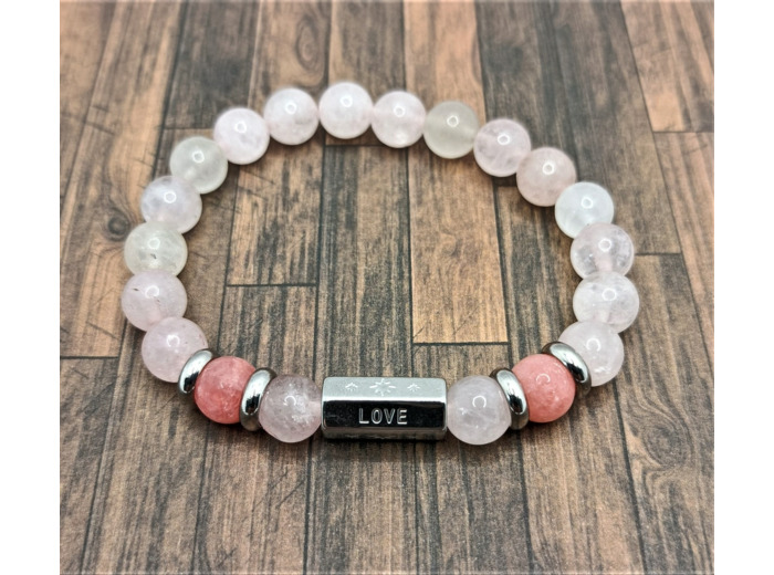 Bracelet message "Love" Quartz rose/Rodochrosite