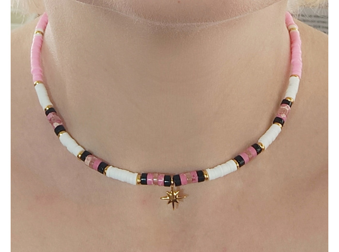 Tour de cou heishi rose/noir/blanc doré étoile
