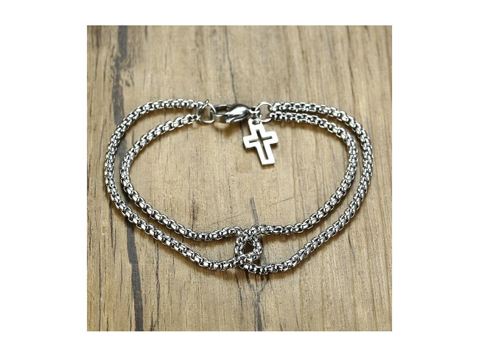 Bracelet double/croix en acier inoxydable pour homme