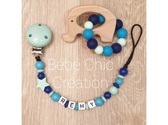 Attache sucette prénom personnalise, Menthe, bleu roi et turquoise