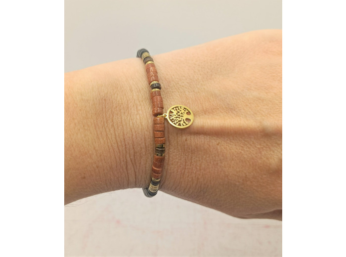 Bracelet heishi pierre de sable/noir arbre de vie doré