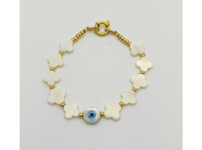 Bracelet nacre trèfles/œil/doré