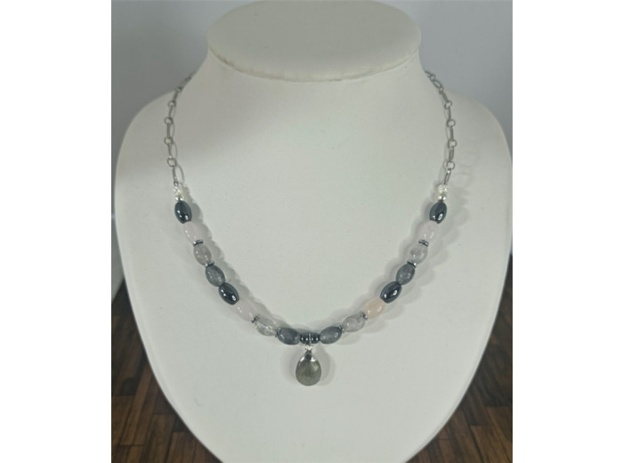 Collier labradorite/quartz rose/hématite
