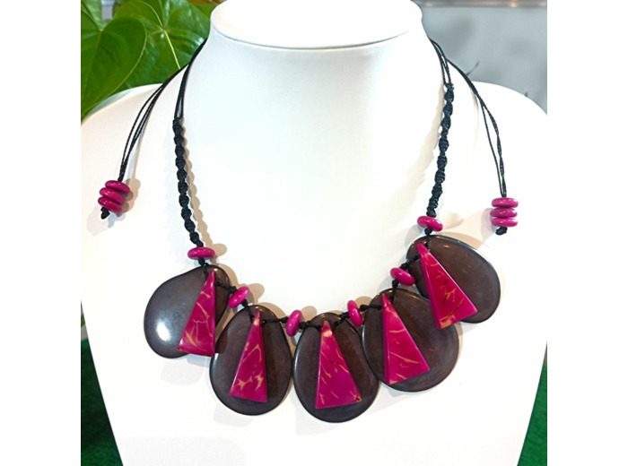 Collier Lisa marron-fuchsia en ivoire végétal