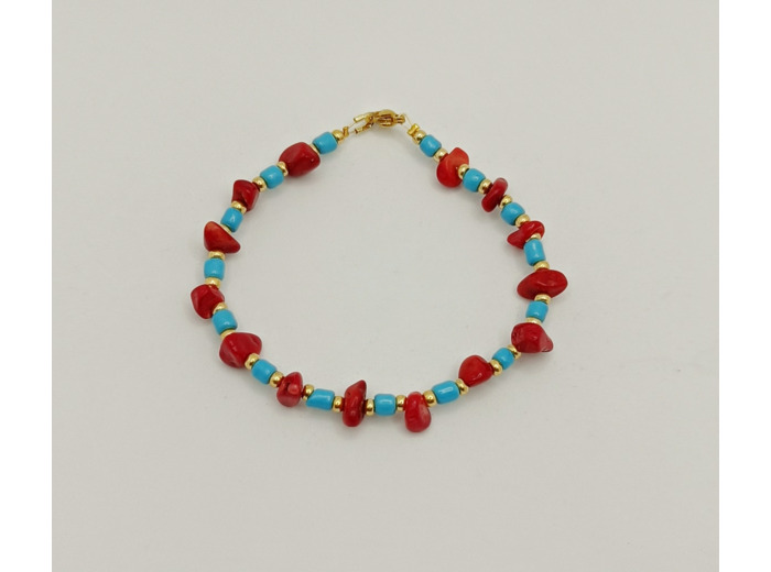Bracelet doré/corail rouge/turquoise 1