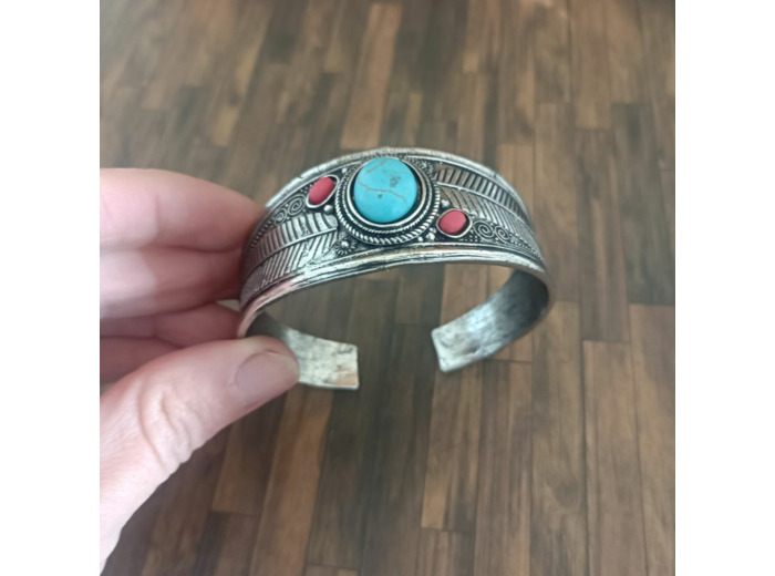 Bracelet ouvert en pierre naturelle et argent Antique rouge bleu