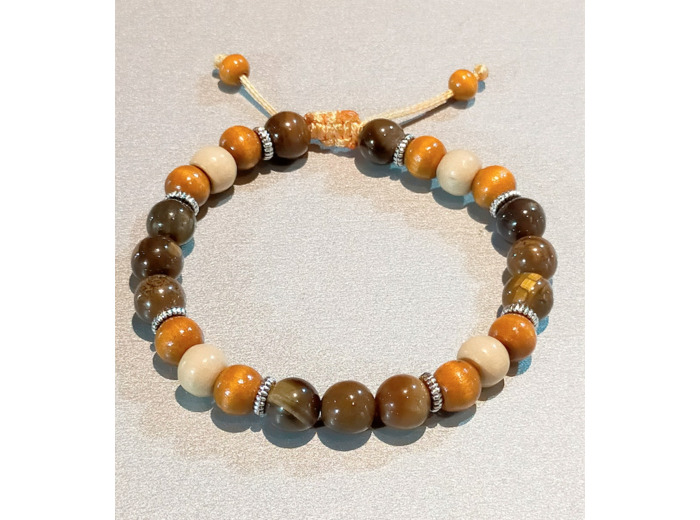 Perles en bois orange/blanc + œil de tigre + métal argenté, ajustable