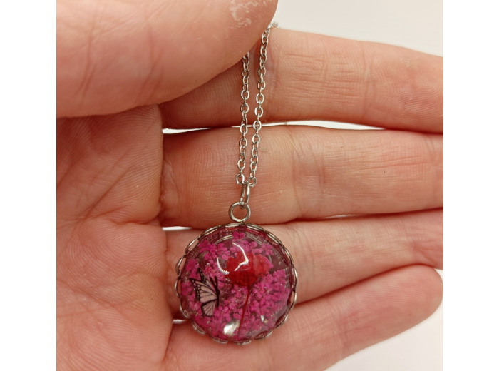 Pendentif résine rond fleur bordeau/argenté #22