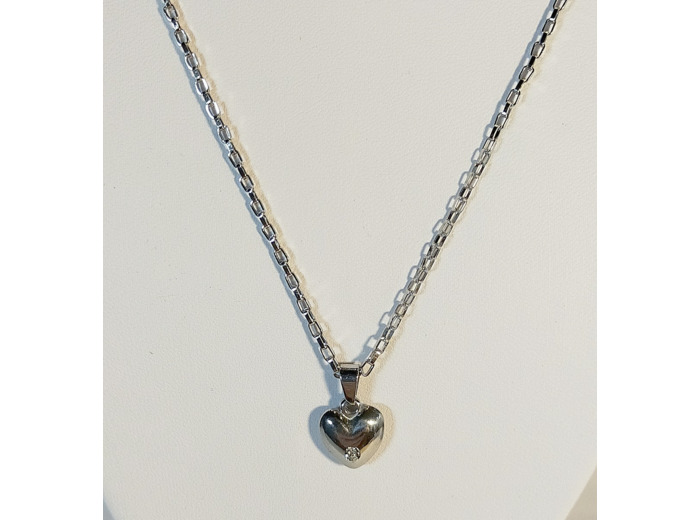 Pendentif cœur plein convexe avec pierre argenté