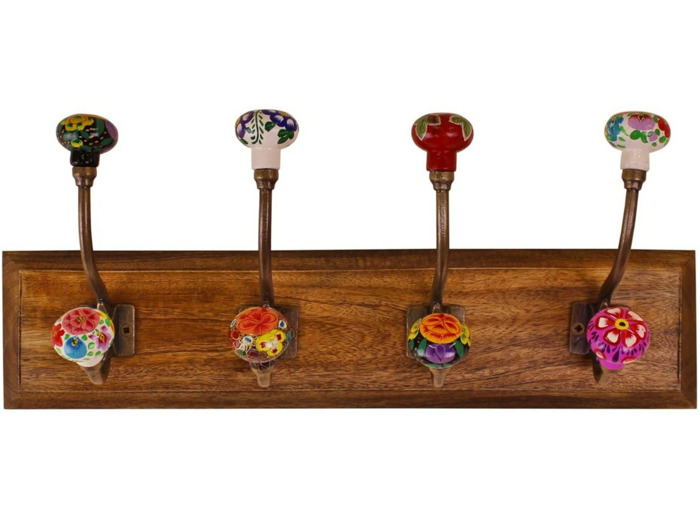 Geko Crochets en céramique motif floral mexicain sur base en bois pour décoration de la maison