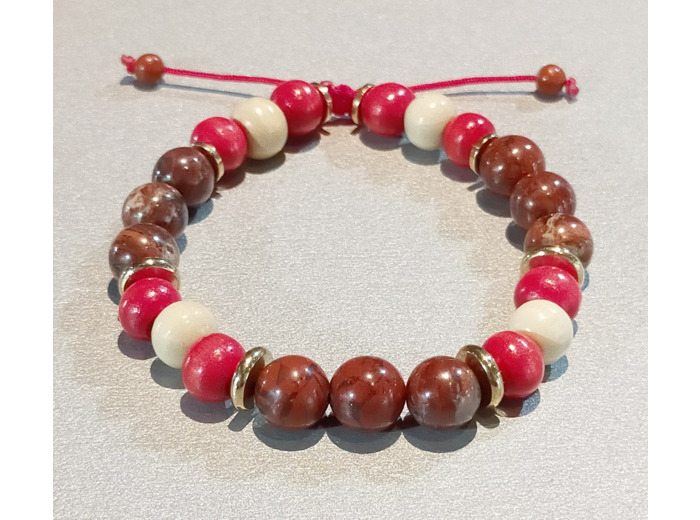 Perles en bois rouge/blanc + jaspe rouge + métal argenté, ajustable