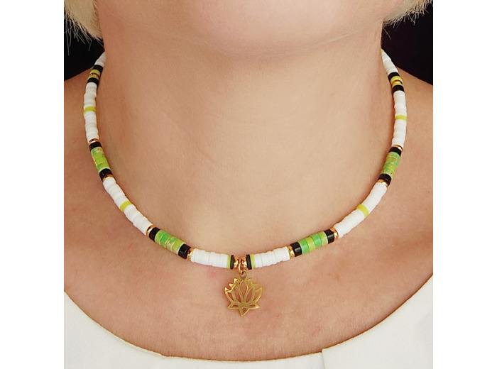 Tour de cou heishi blanc/noir/vert/doré lotus