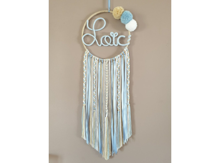 Attrape rêves personnalisable prenom, bleu ciel,  lin et blanc