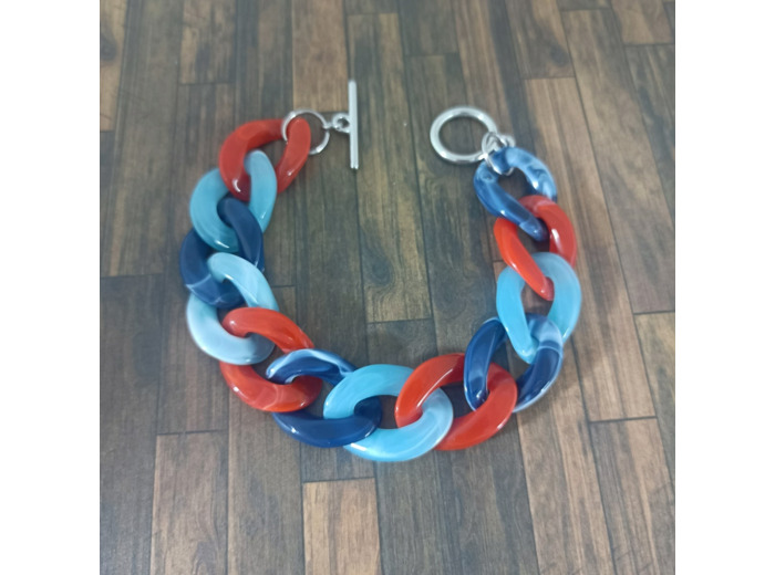 Bracelet gros maillons bleu ciel/bleu/rouge argenté 22mm