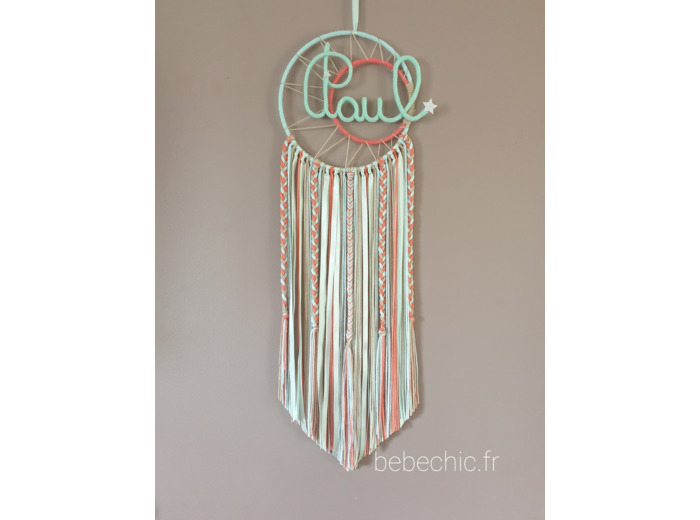 Attrape rêves personnalisable prenom, corail, vert d'eau et lin