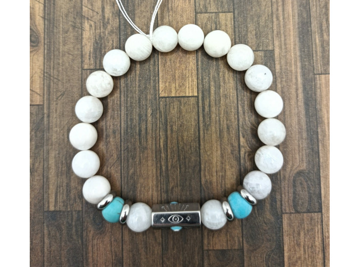 Bracelet œil porte-bonheur Pierre de lune/Turquoise