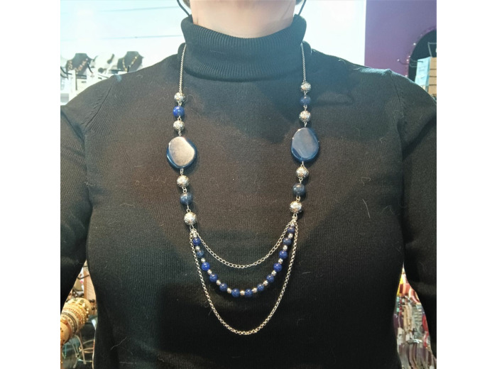 Collier long agate bleu, Lapis Lazuli, hématite