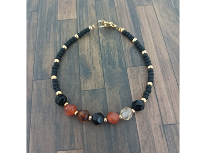 Bracelet jade orange/noire/doré 2