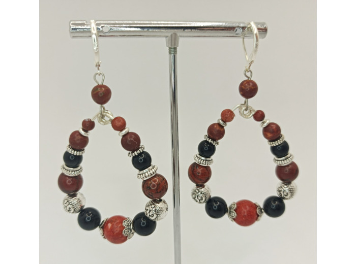 B.O. corail rouge, jaspe rouge, obsidienne/argenté