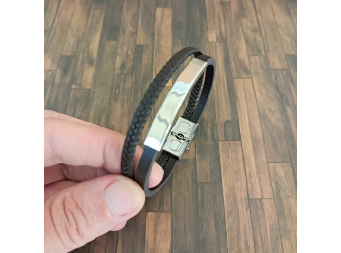 Bracelet cuir homme 2 lanières et acier inoxydable