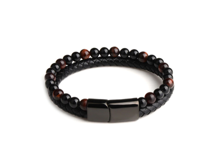 Bracelets en pierre naturelle pour hommes et cuir véritable tressé