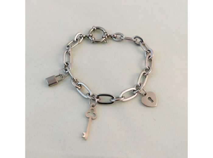 Bracelet grosse chaîne argenté clé/cadenas