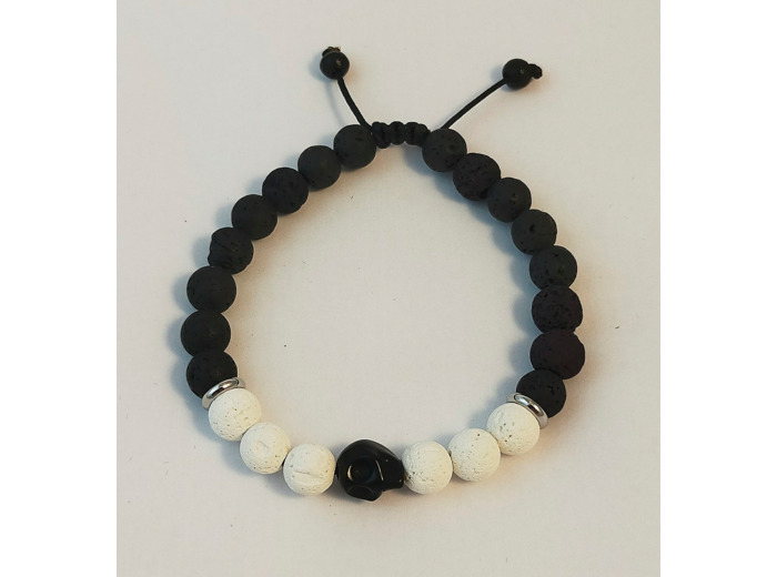 Bracelet ajustable pierre de lave noir&blanc, tête de mort howlite noire